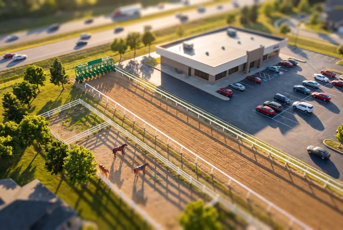 Vue miniature façon tilt-shift d'une courte piste en terre pour quarter horses, avec une barrière de départ verte, à côté d'un casino bas et de son stationnement