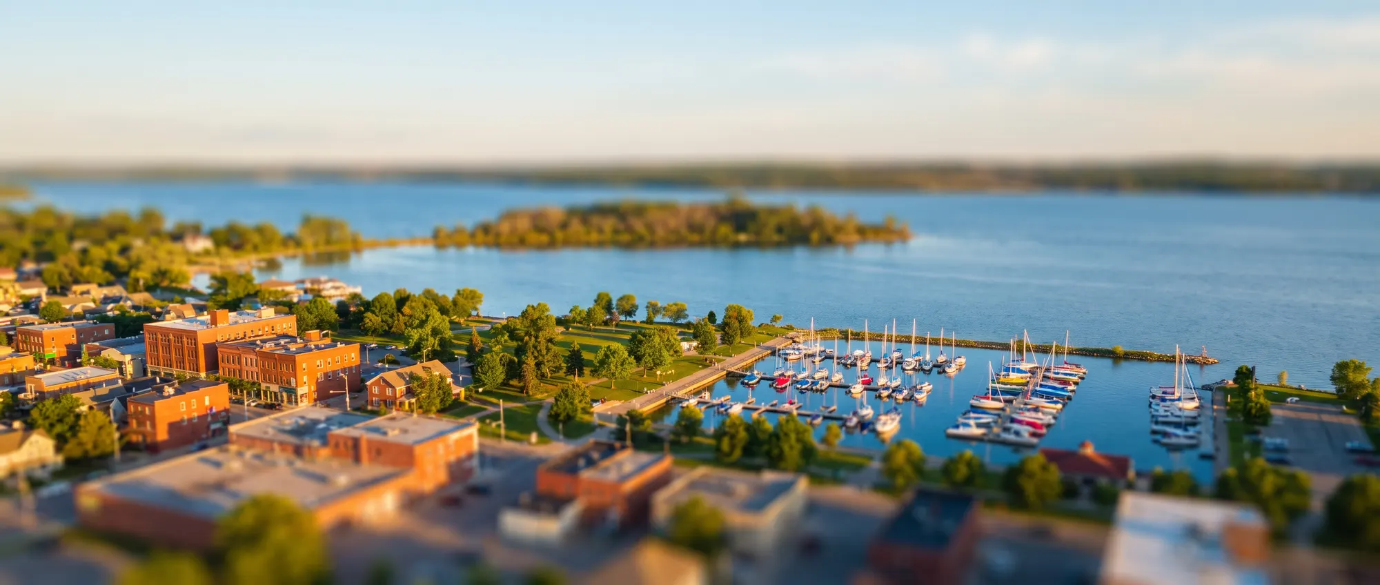 Vue miniature façon tilt-shift d'une petite ville au bord d'un lac à l'heure dorée : toits de brique rouge, parc et marina au bord de l'eau, et île basse et boisée de l'autre côté d'un lac bleu et calme