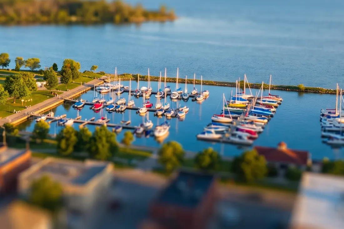 Tilt-shift miniature of a lakeside park and a marina full of small sailboats on a calm blue lake