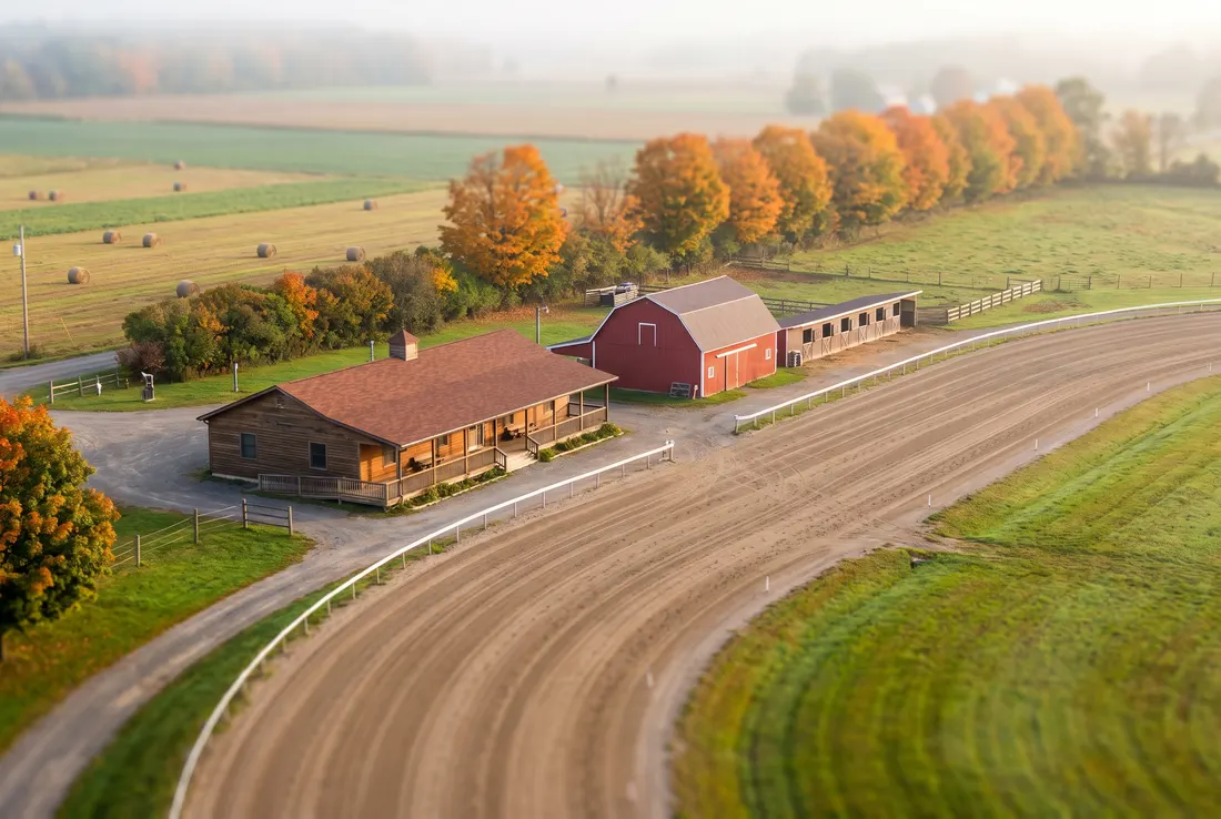 Vue miniature façon tilt-shift d'une petite piste de courses attelées à la campagne en automne, avec un pavillon, une grange rouge et des écuries