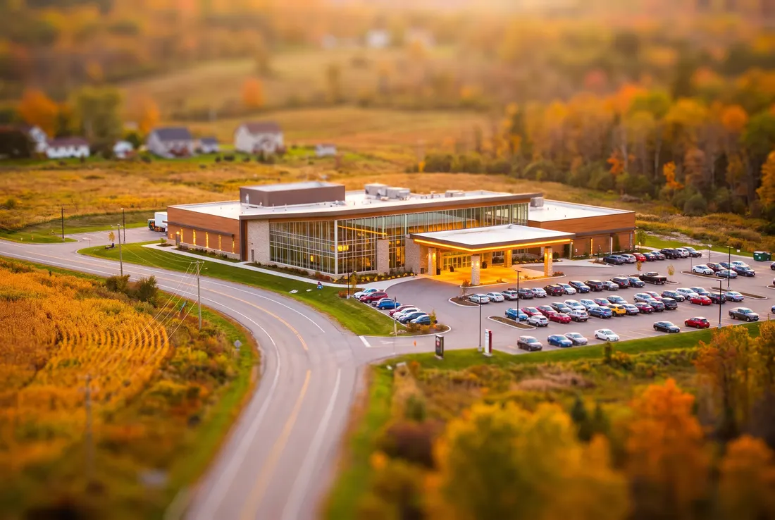 Vue miniature façon tilt-shift d'un casino moderne et bas et de son stationnement, parmi des champs d'automne en bordure d'une petite ville