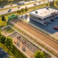 Vue miniature façon tilt-shift d'une courte piste en terre pour quarter horses, avec une barrière de départ verte, à côté d'un casino bas et de son stationnement